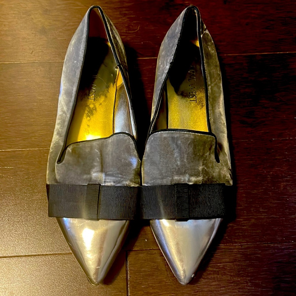 Nine West velvet loafers with patent metallic leather toe